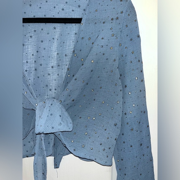 Sheer Blue With Gold Shimmery Stars Tie Front Crop Top — One Size Fits All - Picture 2 of 5